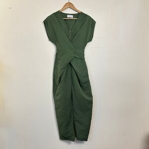 Rujuta Sheth Green Linen Wrap Front Jumpsuit Button V-Neck Small